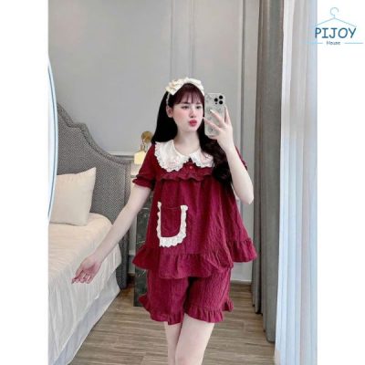 Đồ ngủ pijama cute màu đỏ cổ tròn bèo kèm champ