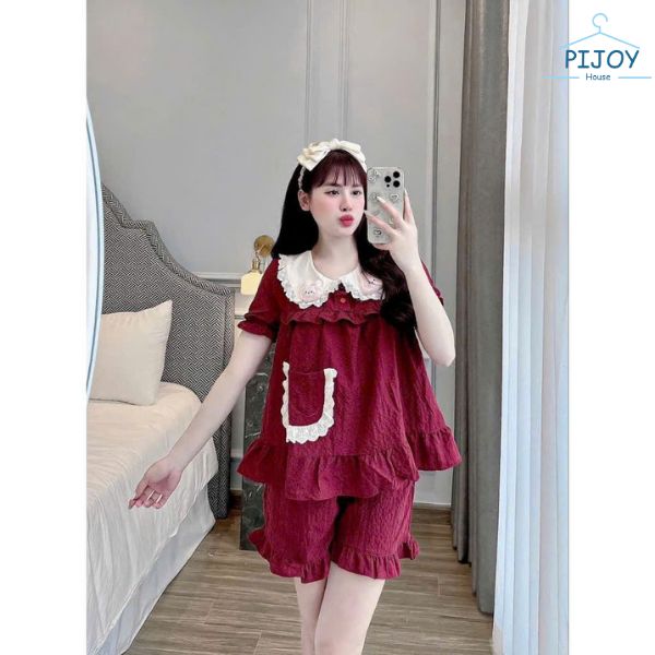 Đồ ngủ pijama cute màu đỏ cổ tròn bèo kèm champ