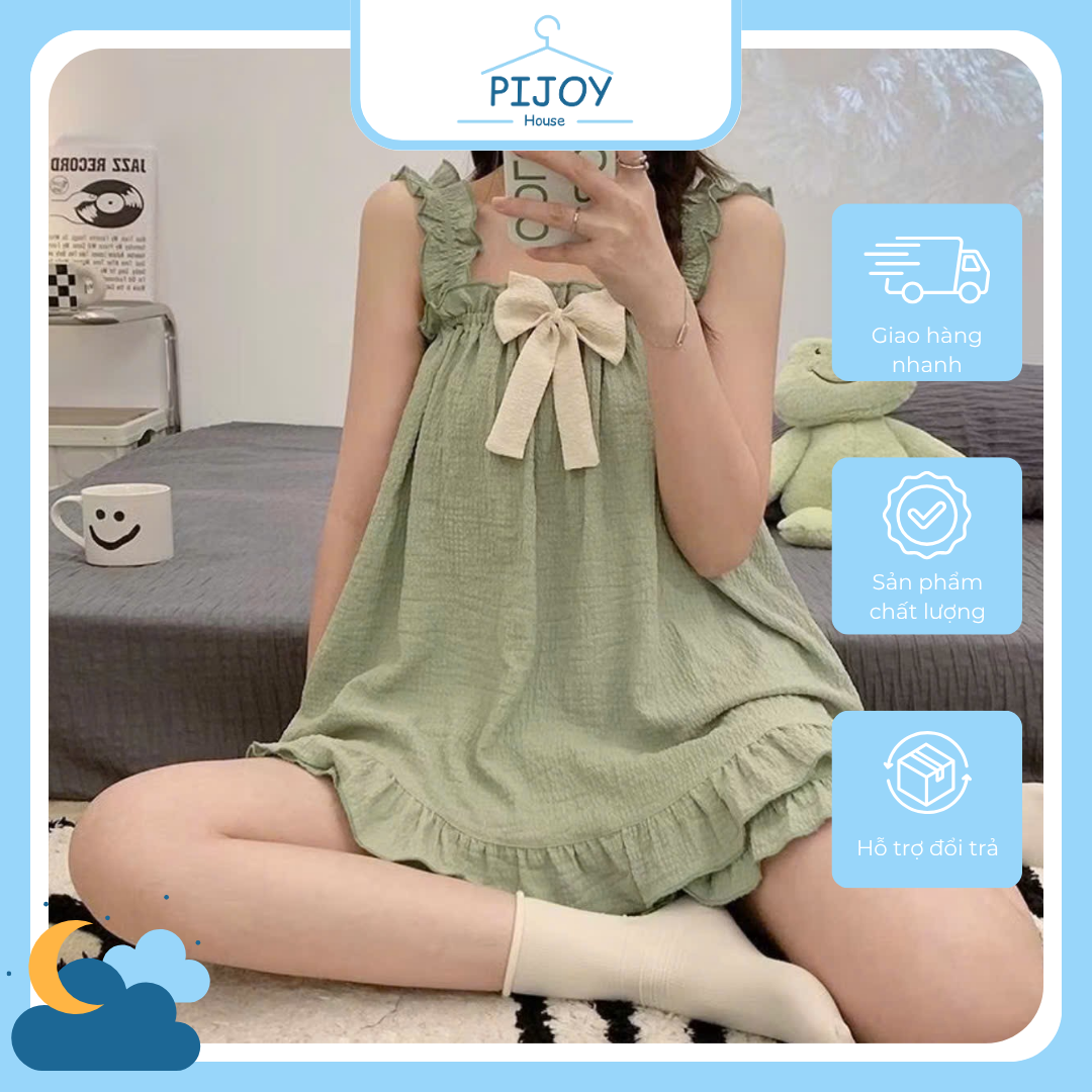 Bộ 2 dây nữ babydoll xanh lá phối nơ kem – dễ thương, thanh lịch
