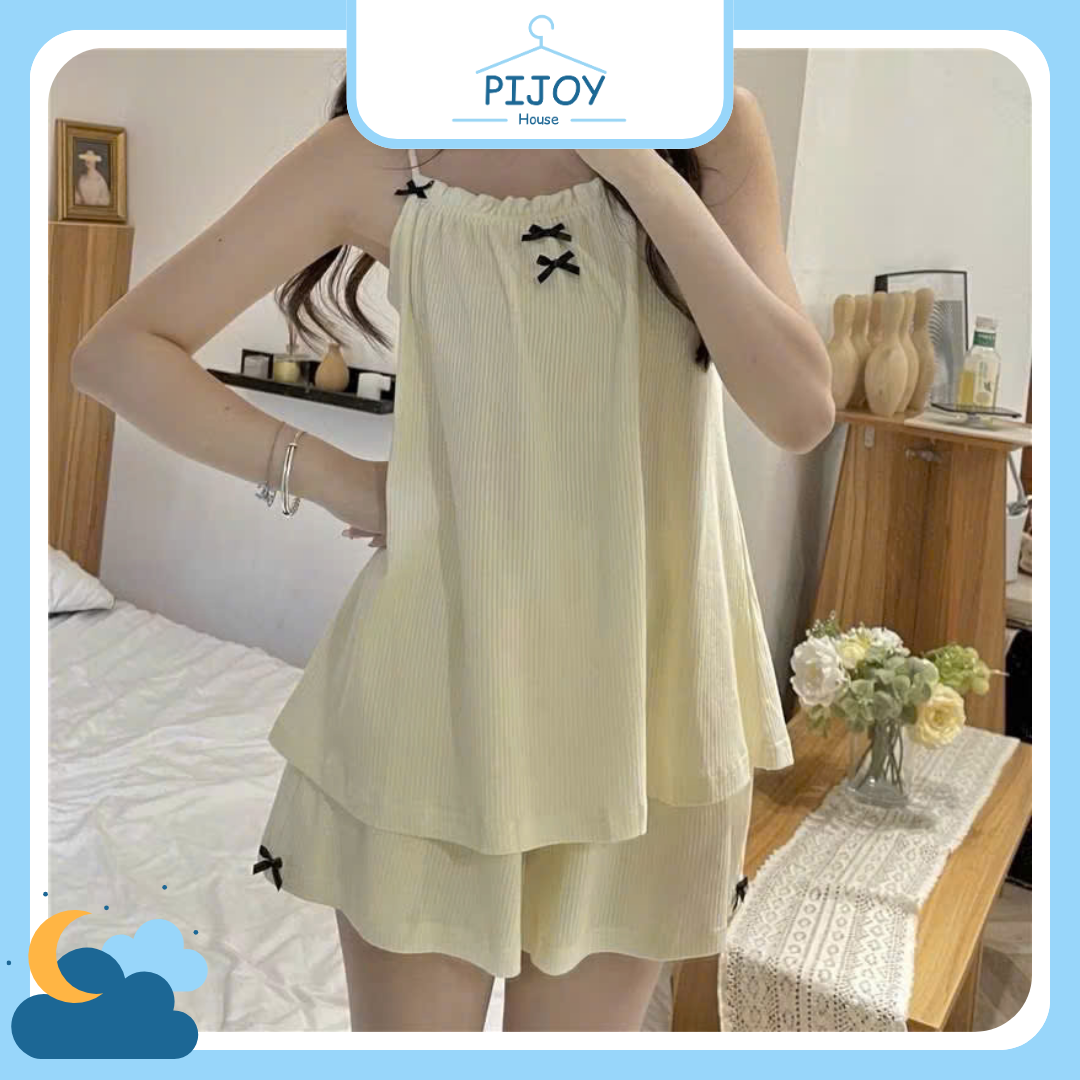 Bộ ngủ 2 dây đũi nơ xinh xắn màu be – tối giản, tinh tế