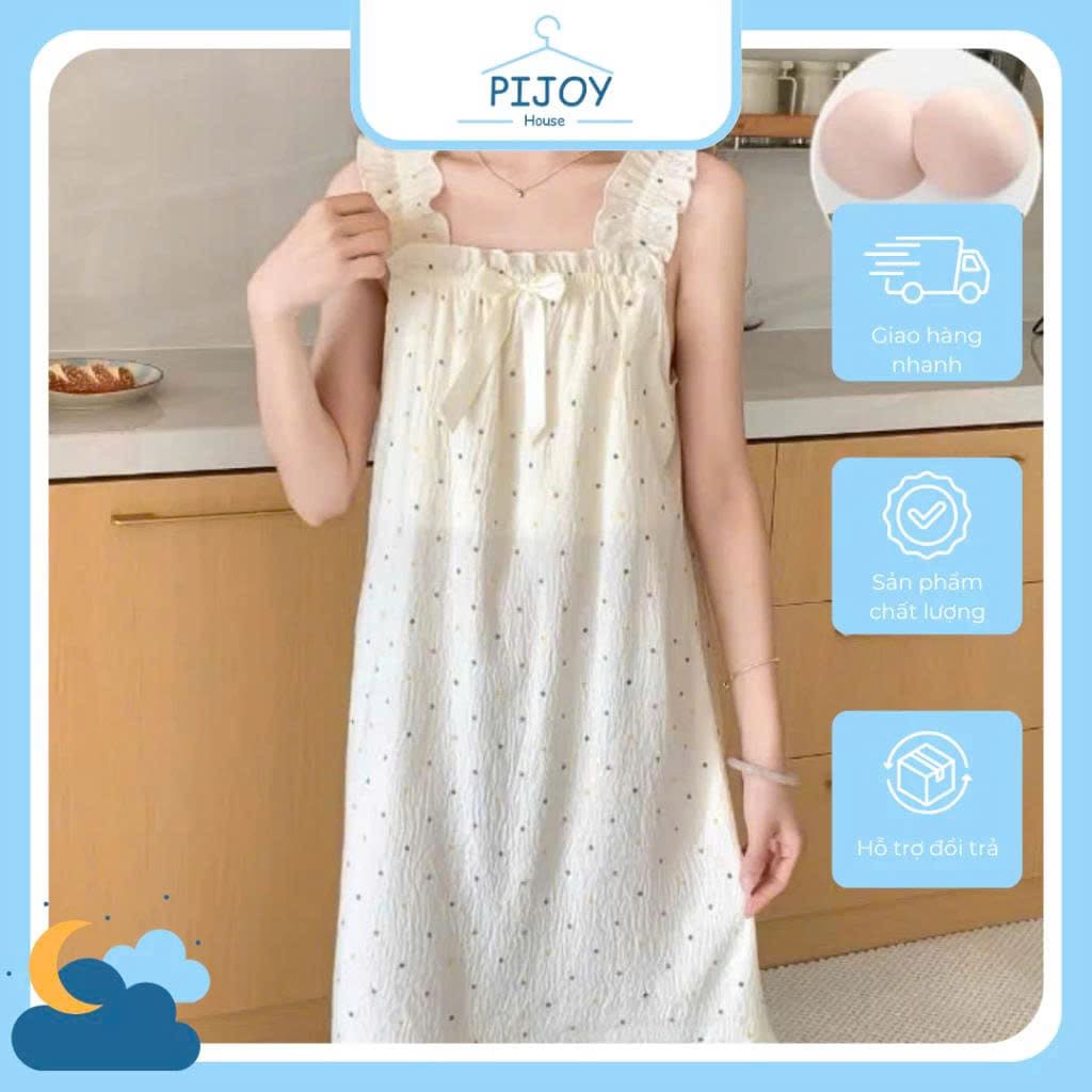 Váy ngủ 2 dây bản to họa tiết chấm bi kèm nơ có mút
